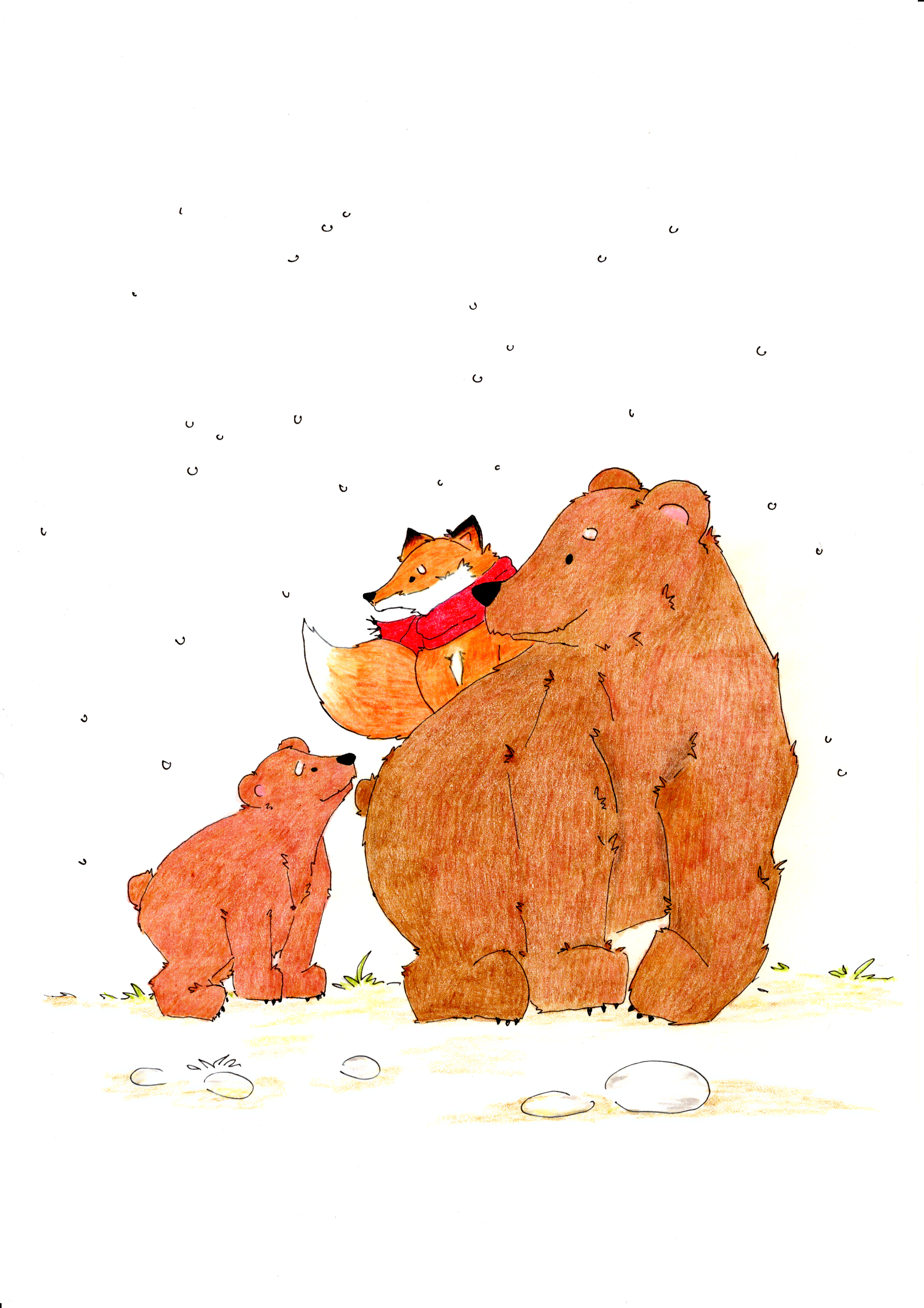 Una Favola di Natale - racconto illustrato - mamma orsa accompagna volpe a casa - disegno a matita