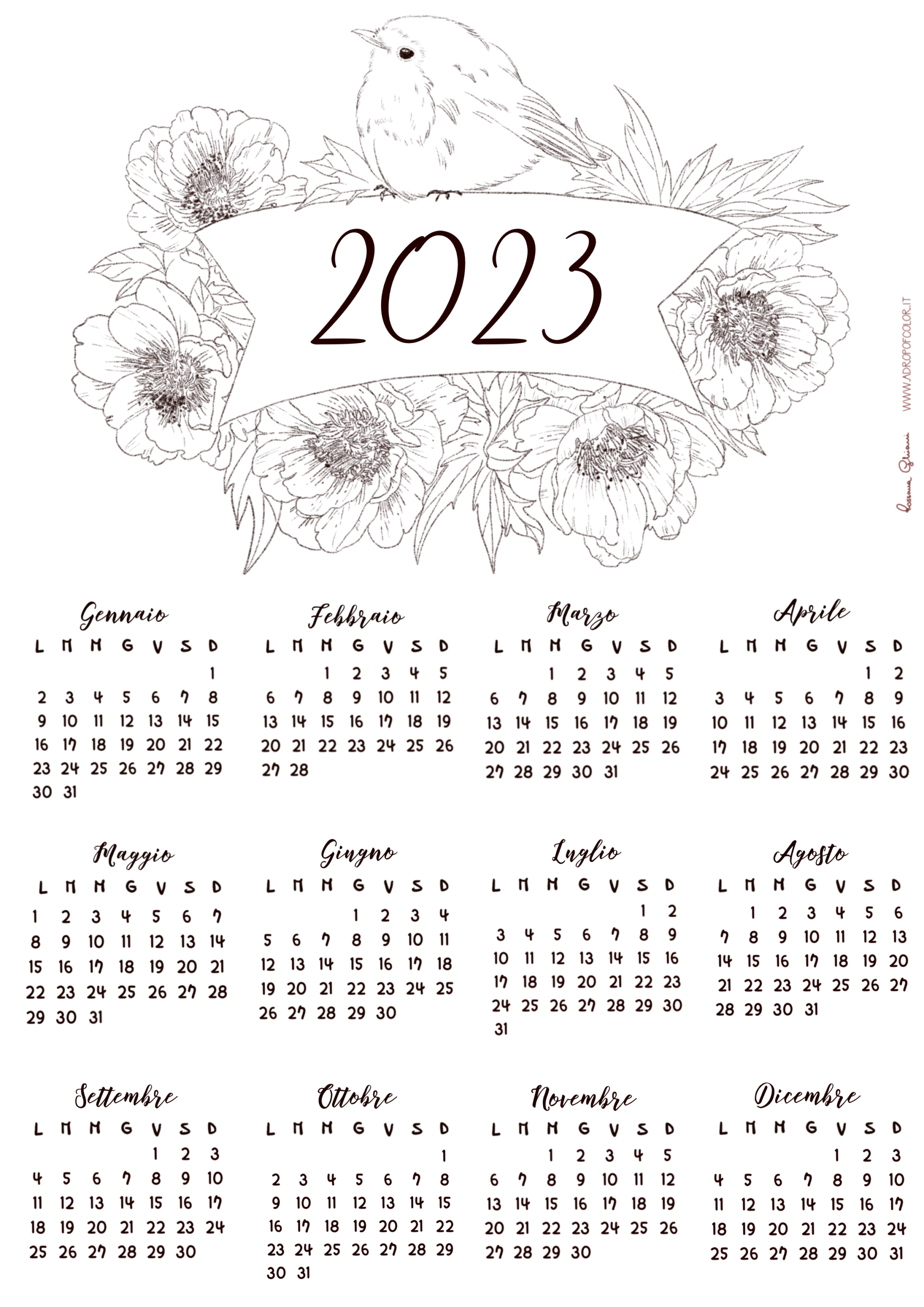 Calendario 2023 stampabile bianco e nero 