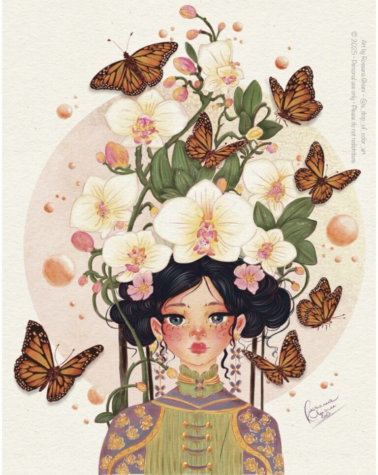 Ritratto illustrato femminile con capelli adornati da orchidee, stile poetico a drop of color art.