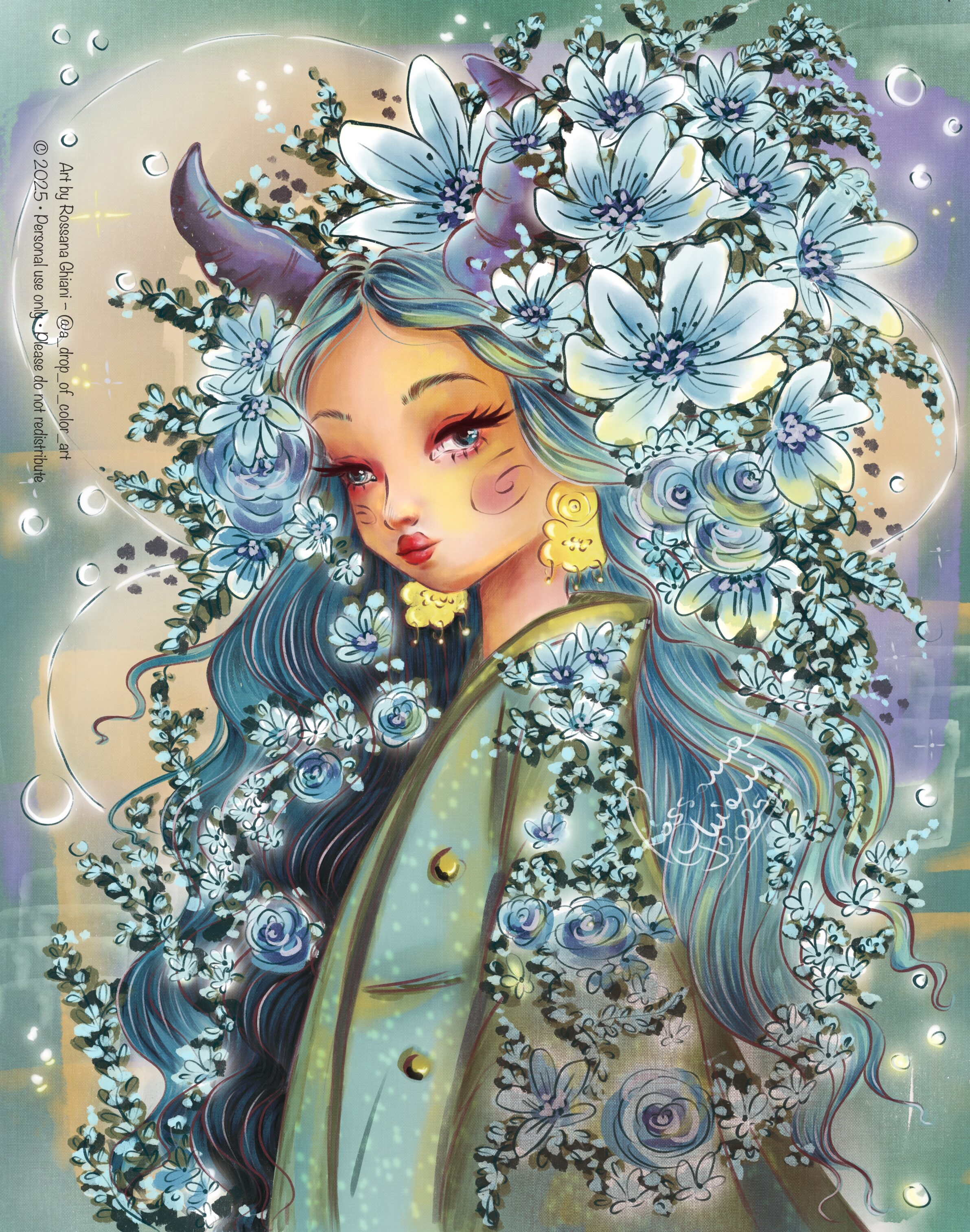Illustrazione femminile invernale raffigurante uno spirito bianco con capelli decorati da fiori ghiacciati e dettagli botanici, stile a drop of color art, rossana ghiani ritratti poetici fantasy, illustrazione fantastica