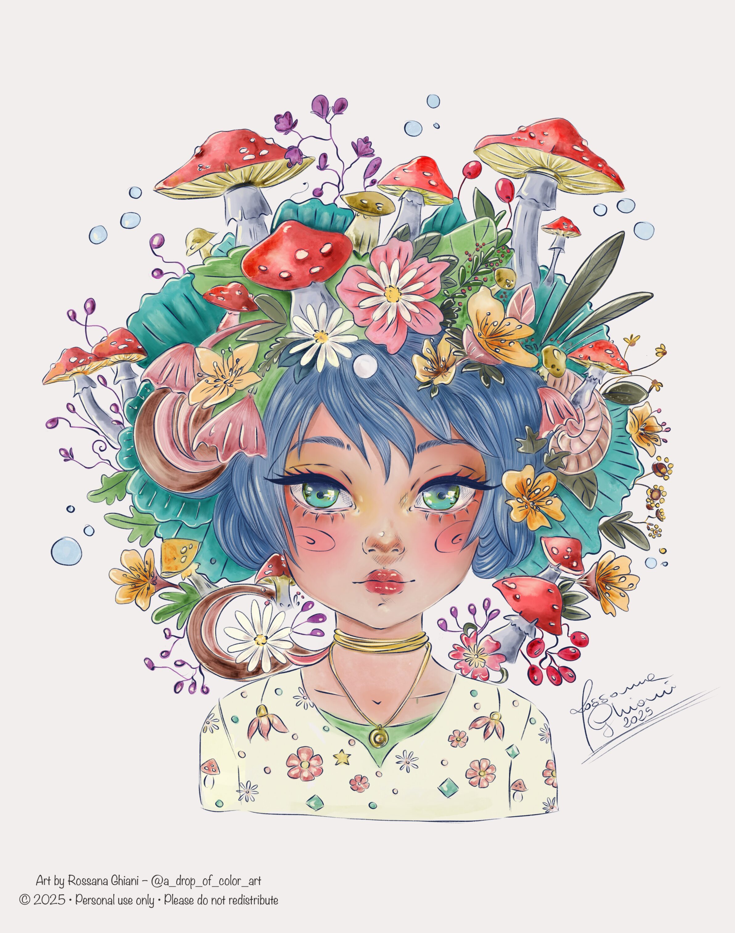 Illustrazione femminile ispirata al sottobosco, fata dei boschi ornata da funghi, fiori e foglie, in stile a drop of color art.