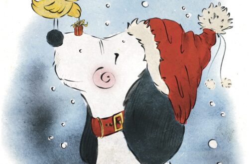 Illustrazione natalizia di Snoopy e Woodstock reinterpretati in stile artistico, con cappello di Natale, per augurare buone feste.augurio illustrato natale.
