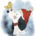 Illustrazione natalizia di Snoopy e Woodstock reinterpretati in stile artistico, con cappello di Natale, per augurare buone feste.augurio illustrato natale.