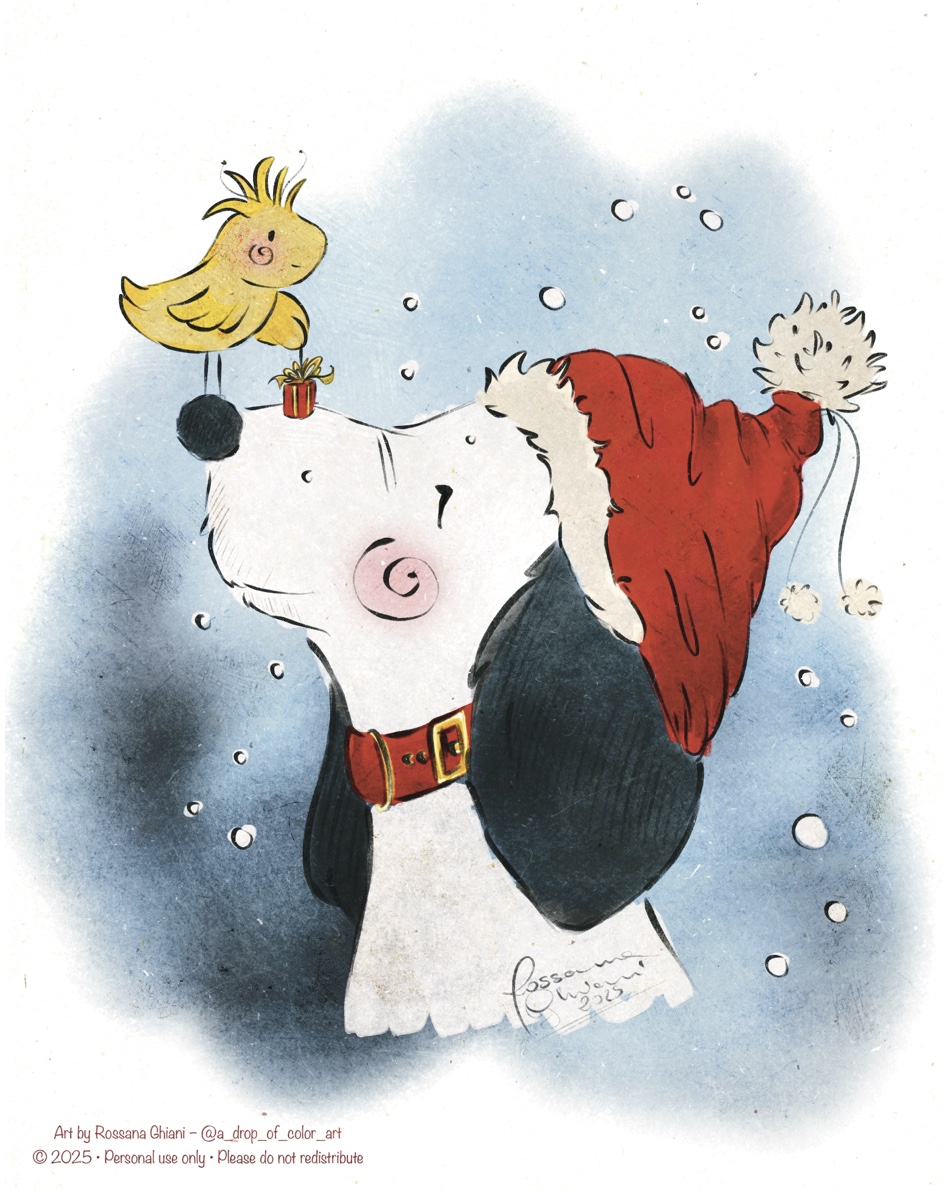 Illustrazione natalizia di Snoopy e Woodstock reinterpretati in stile artistico, con cappello di Natale, per augurare buone feste.augurio illustrato natale.