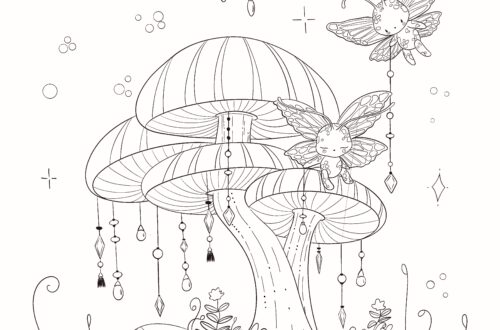 Illustrazione fantasy in bianco e nero con funghi magici e folletti alati, ricca di dettagli decorativi e pensata per il colore e il relax creativo.