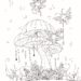 Illustrazione fantasy in bianco e nero con funghi magici e folletti alati, ricca di dettagli decorativi e pensata per il colore e il relax creativo.