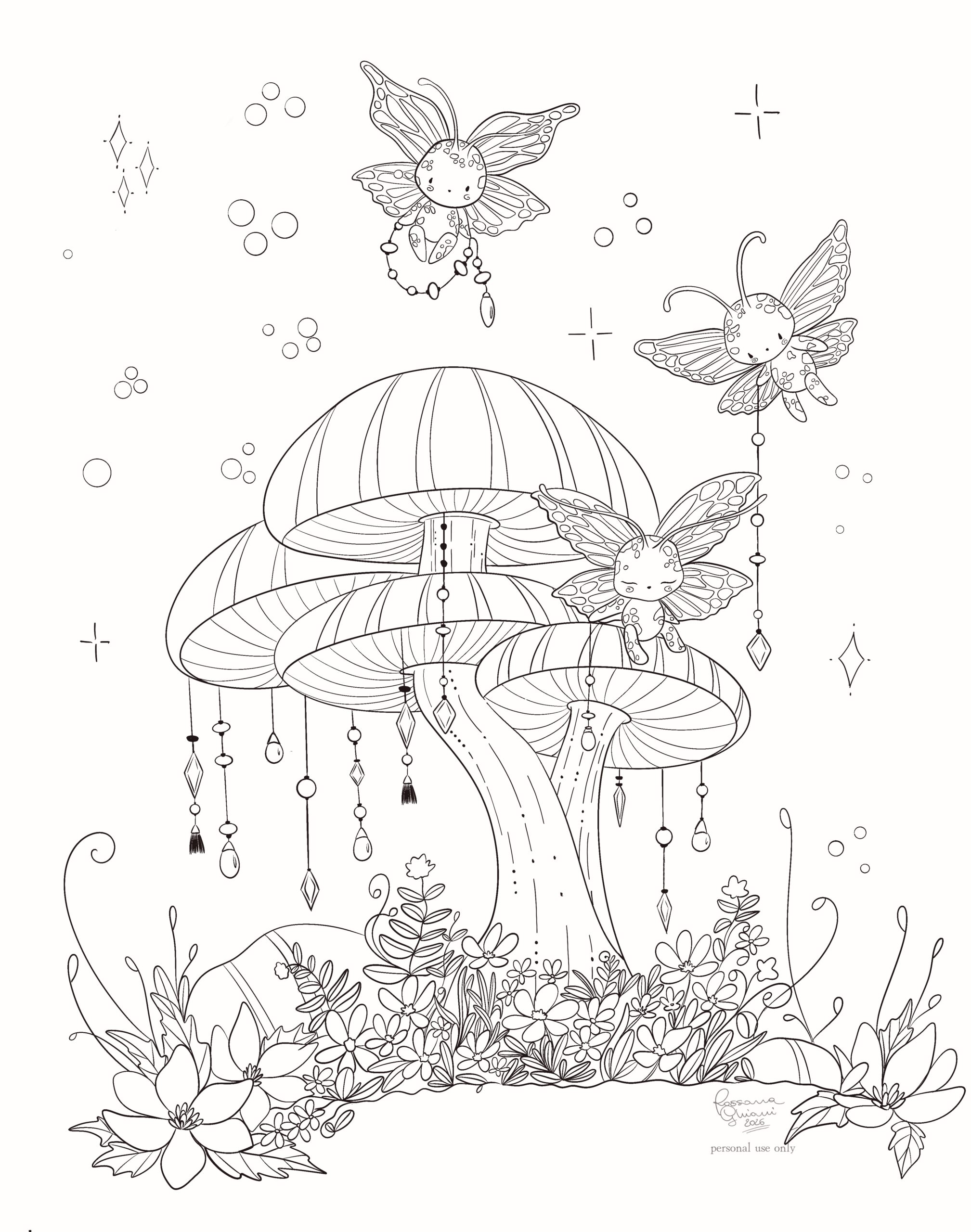 coloring page fantasy in bianco e nero con funghi magici e folletti alati, ricca di dettagli decorativi e pensata per il colore e il relax creativo.